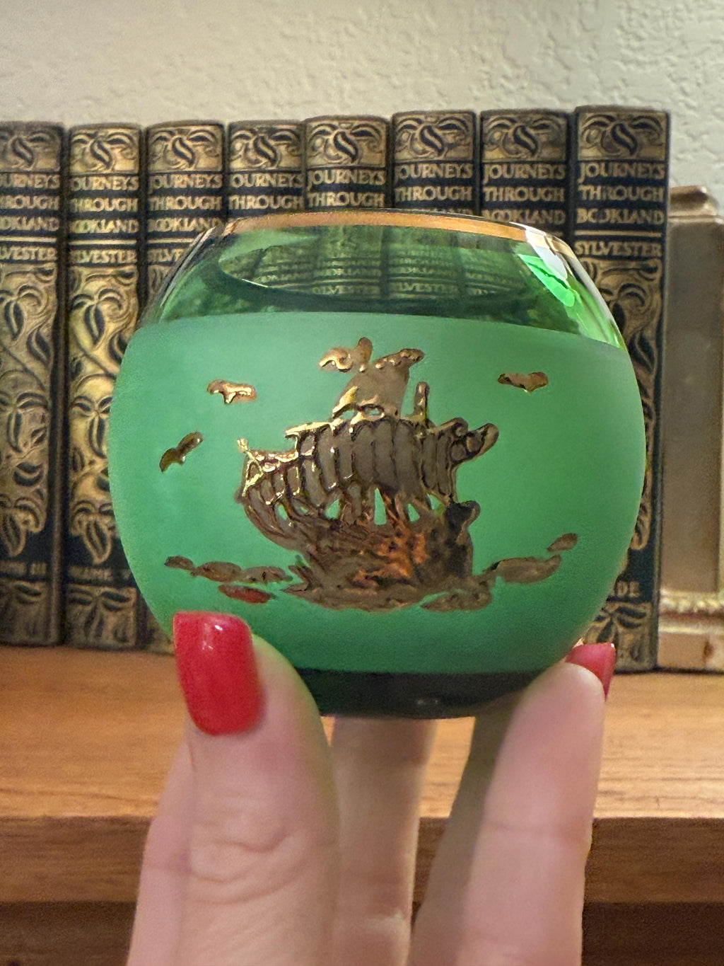 Vintage Bohemian Green Crystal Votive with Gold Embossed Ship –