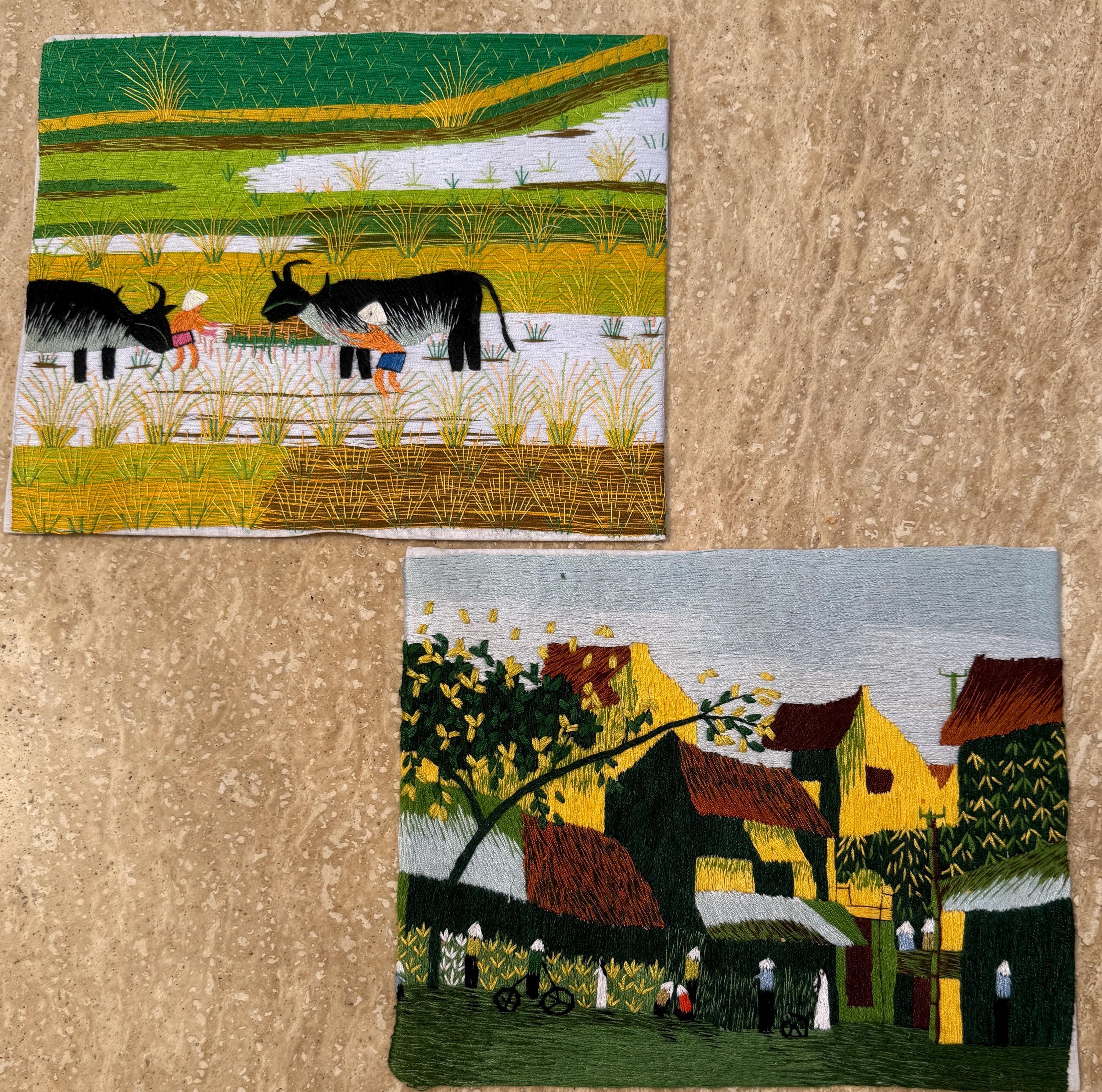 Set of 2 Handmade Embroidered Art Pieces – Harvest & Town Scene – Intricate Thread Detail on Cloth, Ready to Frame