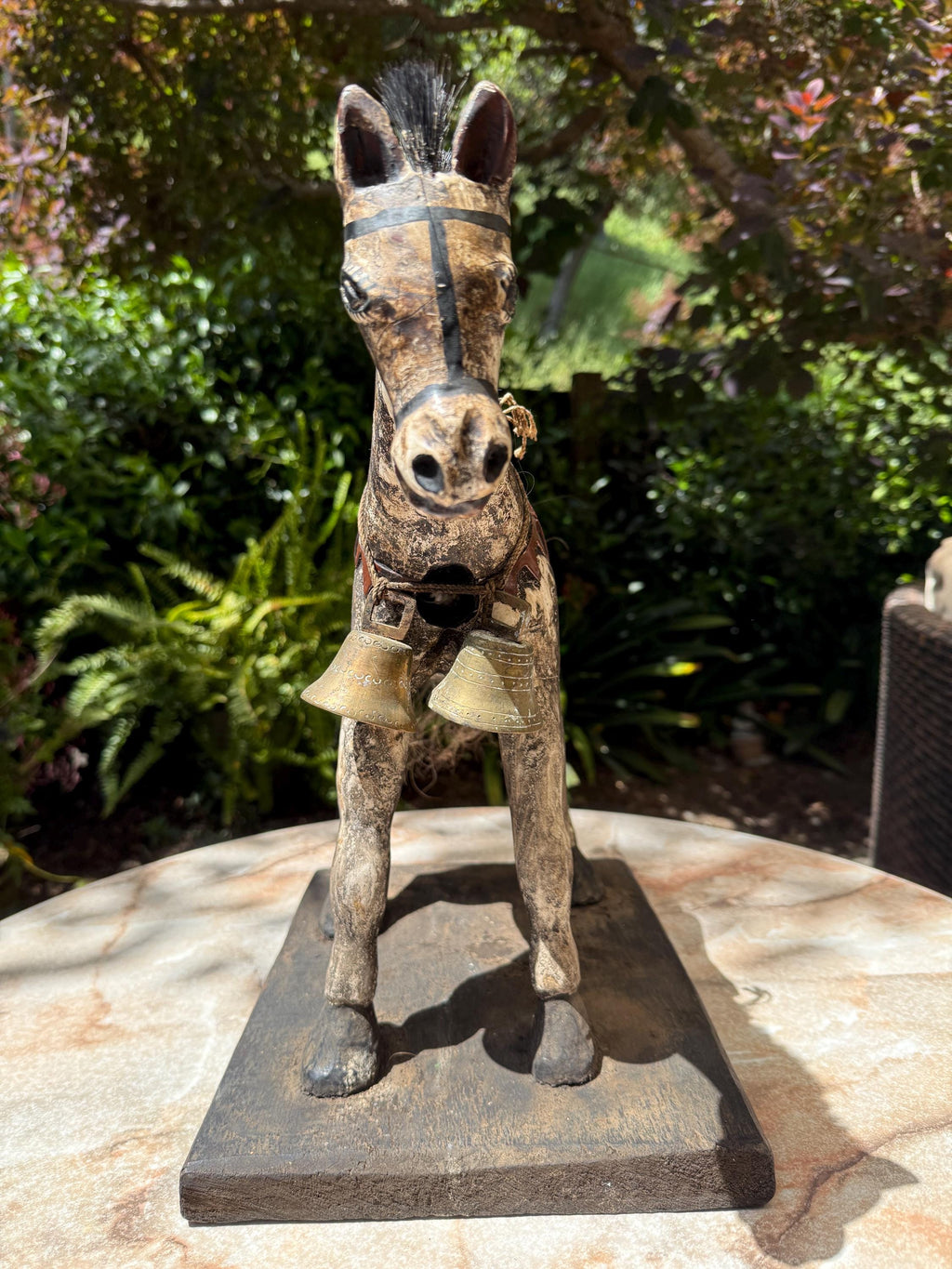 Handmade Carved Wooden Horse/Donkey Statue with Bells – Folk Art from Guatemala – Rustic Decor