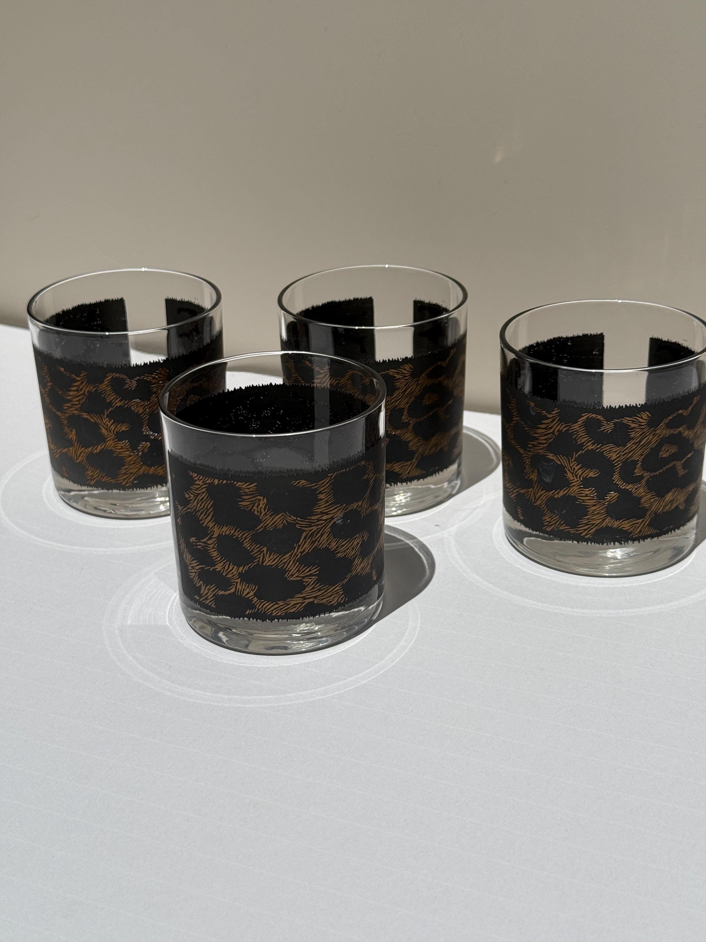 Set of 4 Vintage Leopard Print Lowball Glasses – Matte Black & Gold – Old Fashioned Whiskey Glasses