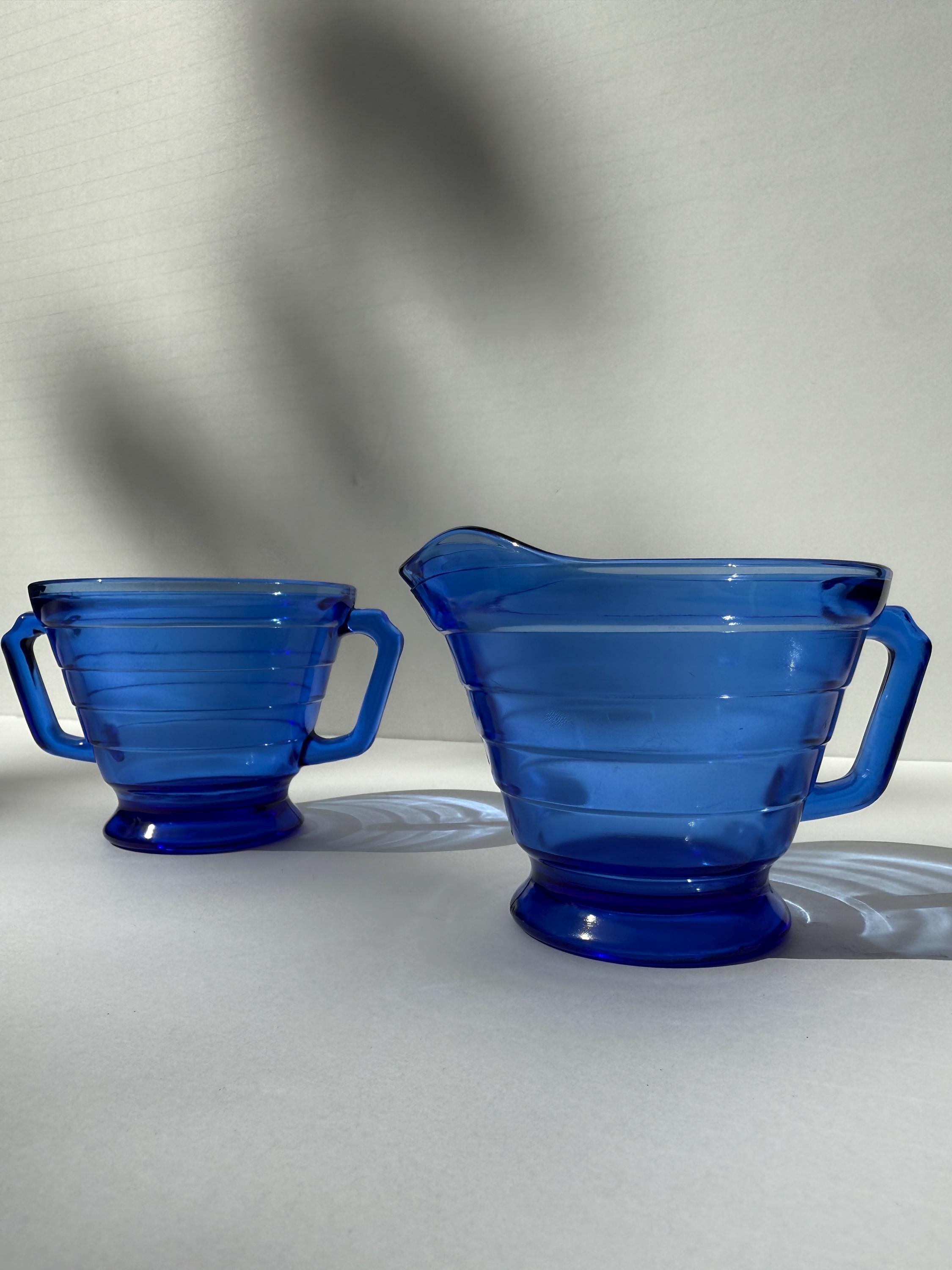 Vintage Hazel Atlas Moderntone  Blue Glass Cream and Sugar Set – Art Deco Depression Glass – No Chips or Cracks