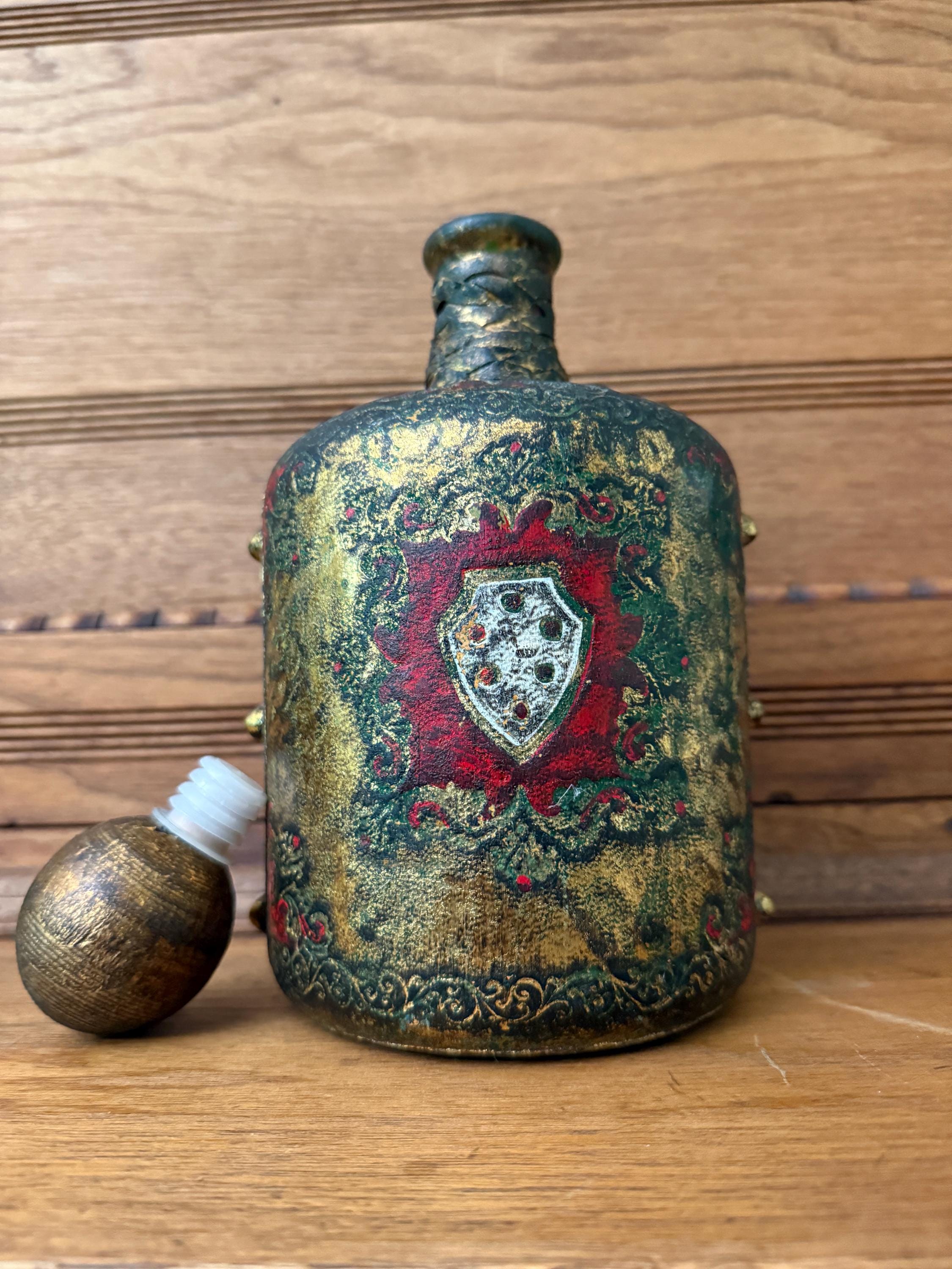 Vintage Leather Wrapped Green Glass Bottle Decanter – Embossed Fleur-de-Lis Design – 11” Tall