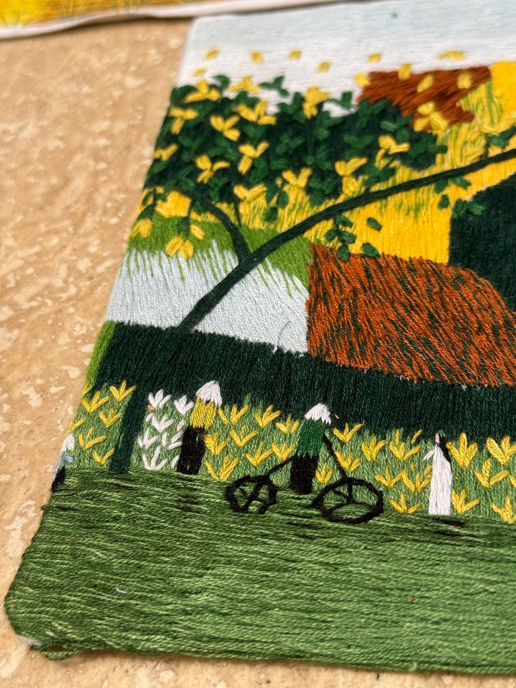 Set of 2 Handmade Embroidered Art Pieces – Harvest & Town Scene – Intricate Thread Detail on Cloth, Ready to Frame