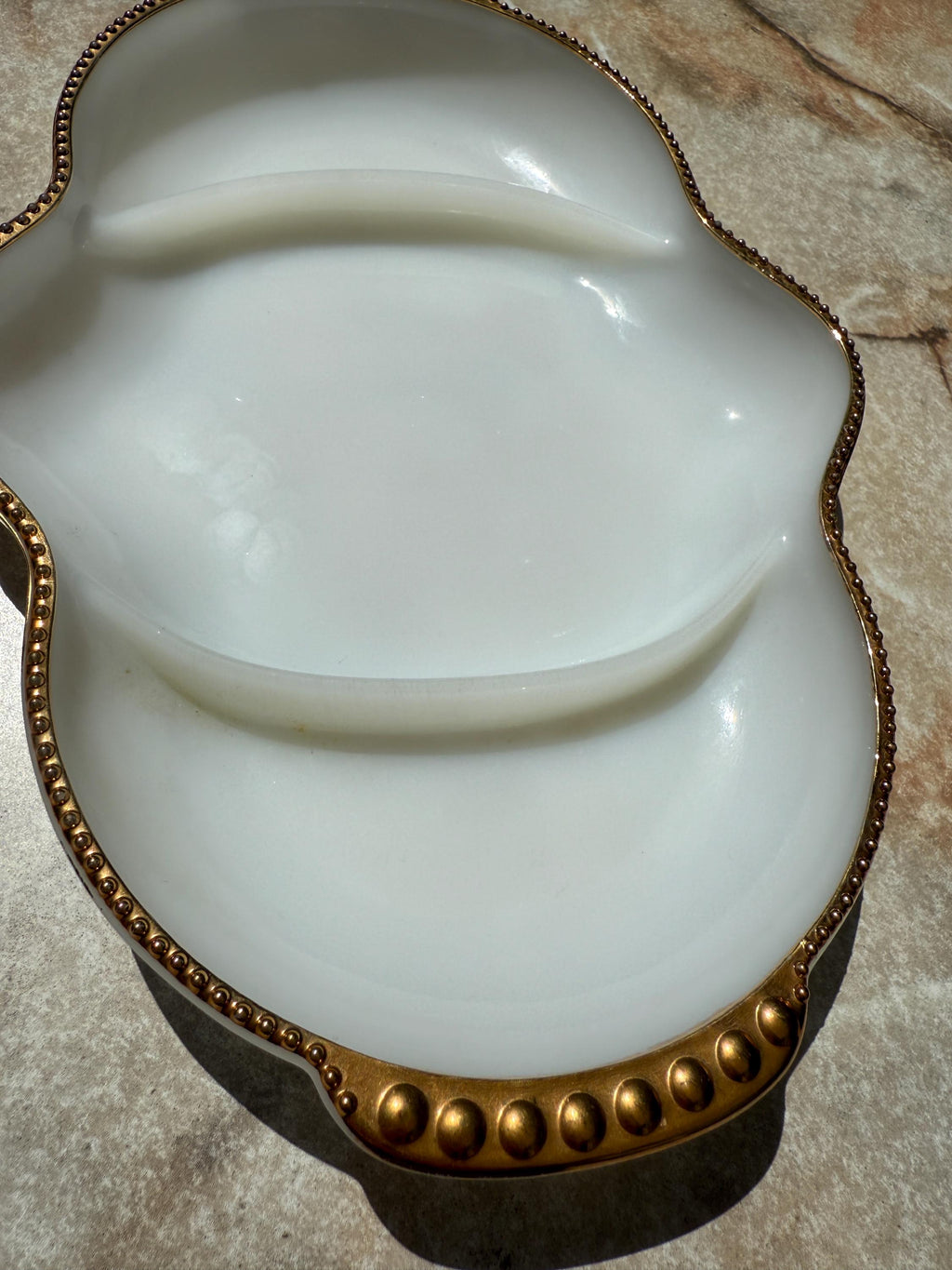 Fire King Milk Glass Divided Dish – Gold Rim, 11” Vintage Anchor Hocking Serving Tray
