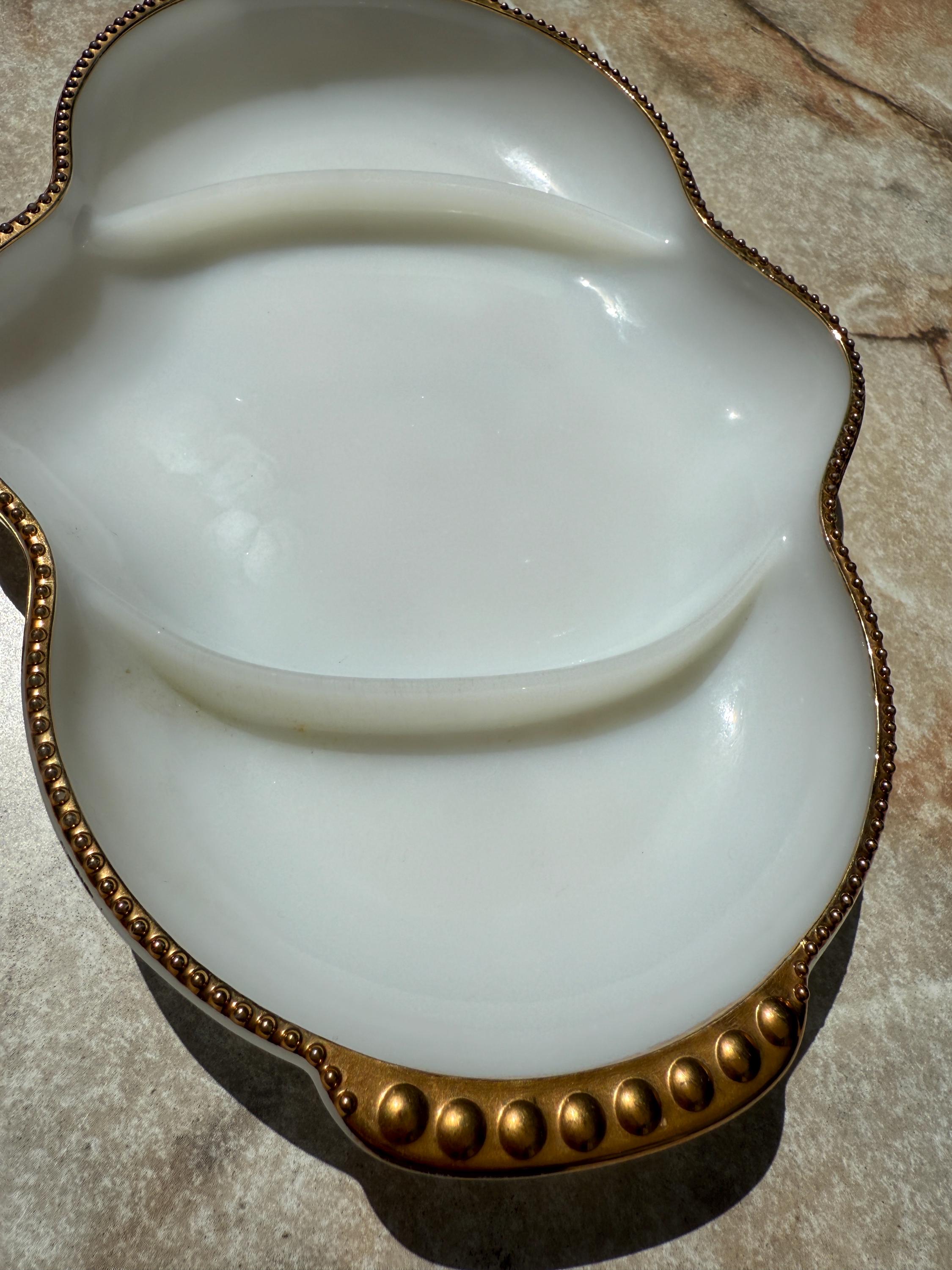 Fire King Milk Glass Divided Dish – Gold Rim, 11” Vintage Anchor Hocking Serving Tray