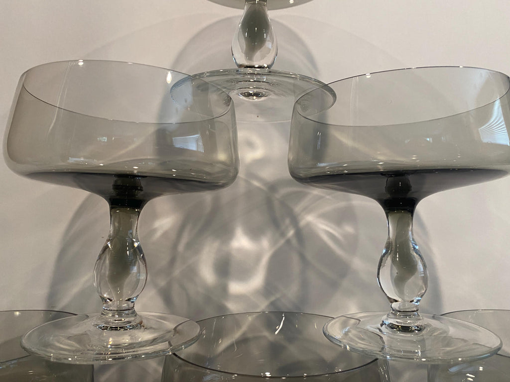 Pair of MCM Crystal Smoke Colored Champagne Glasses / Coupes / wedding gift/ hostess gift / Birthday / Housewarming