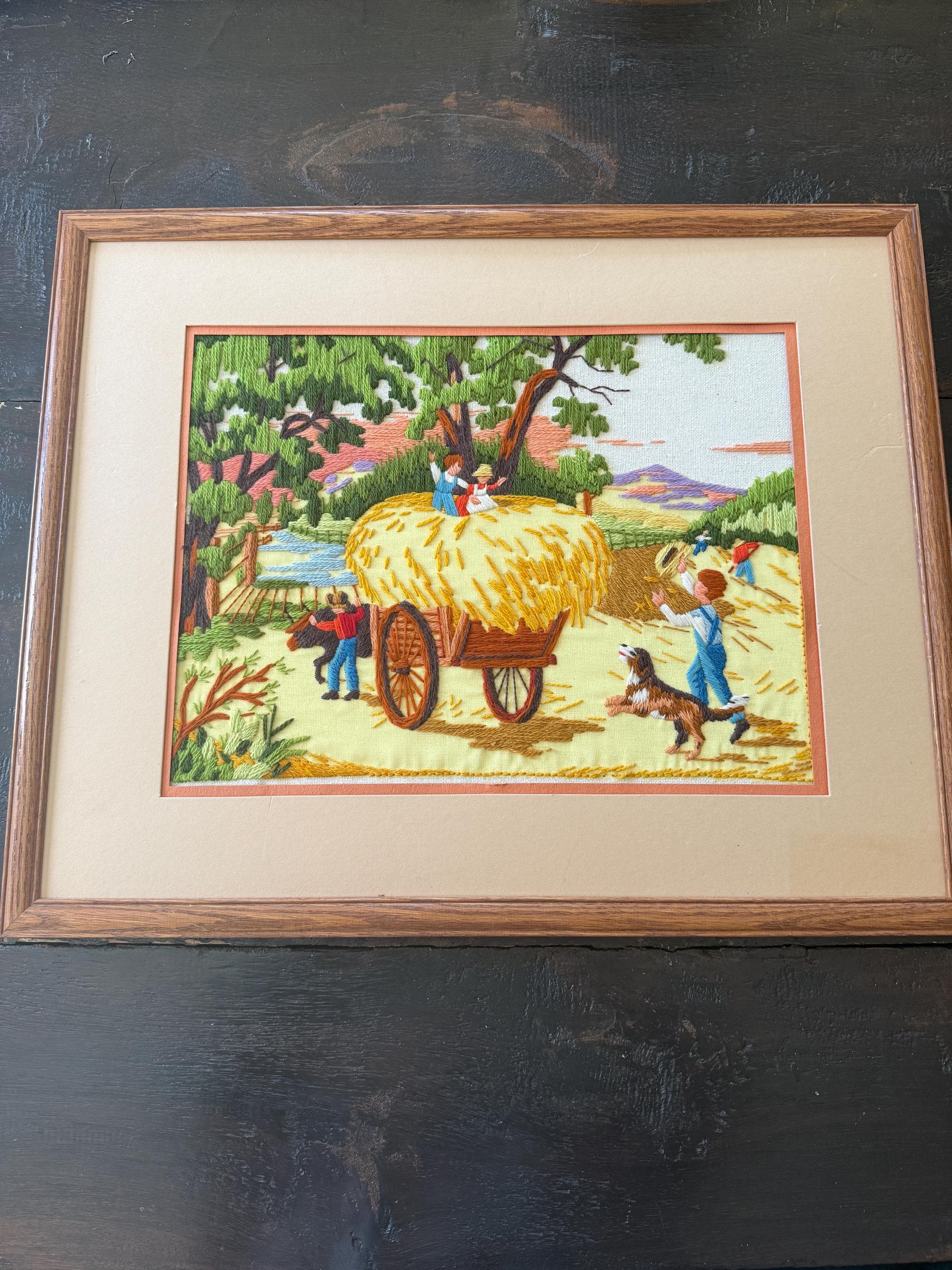Vintage Framed Crewel Embroidery Art – Handmade Needlework – Harvest