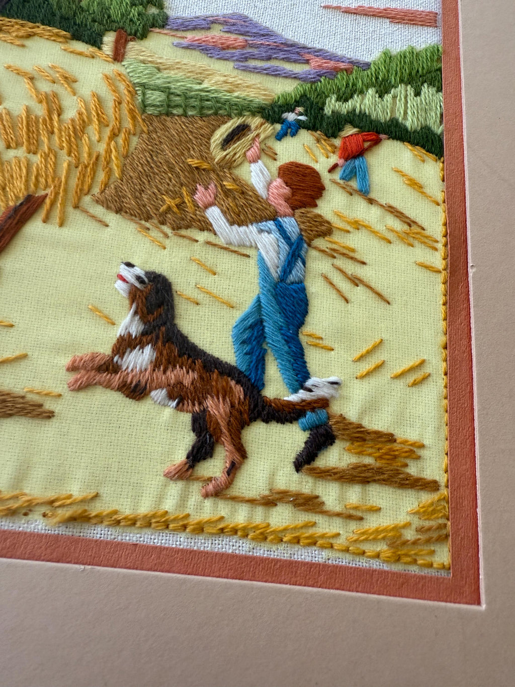 Vintage Framed Crewel Embroidery Art – Handmade Needlework – Harvest