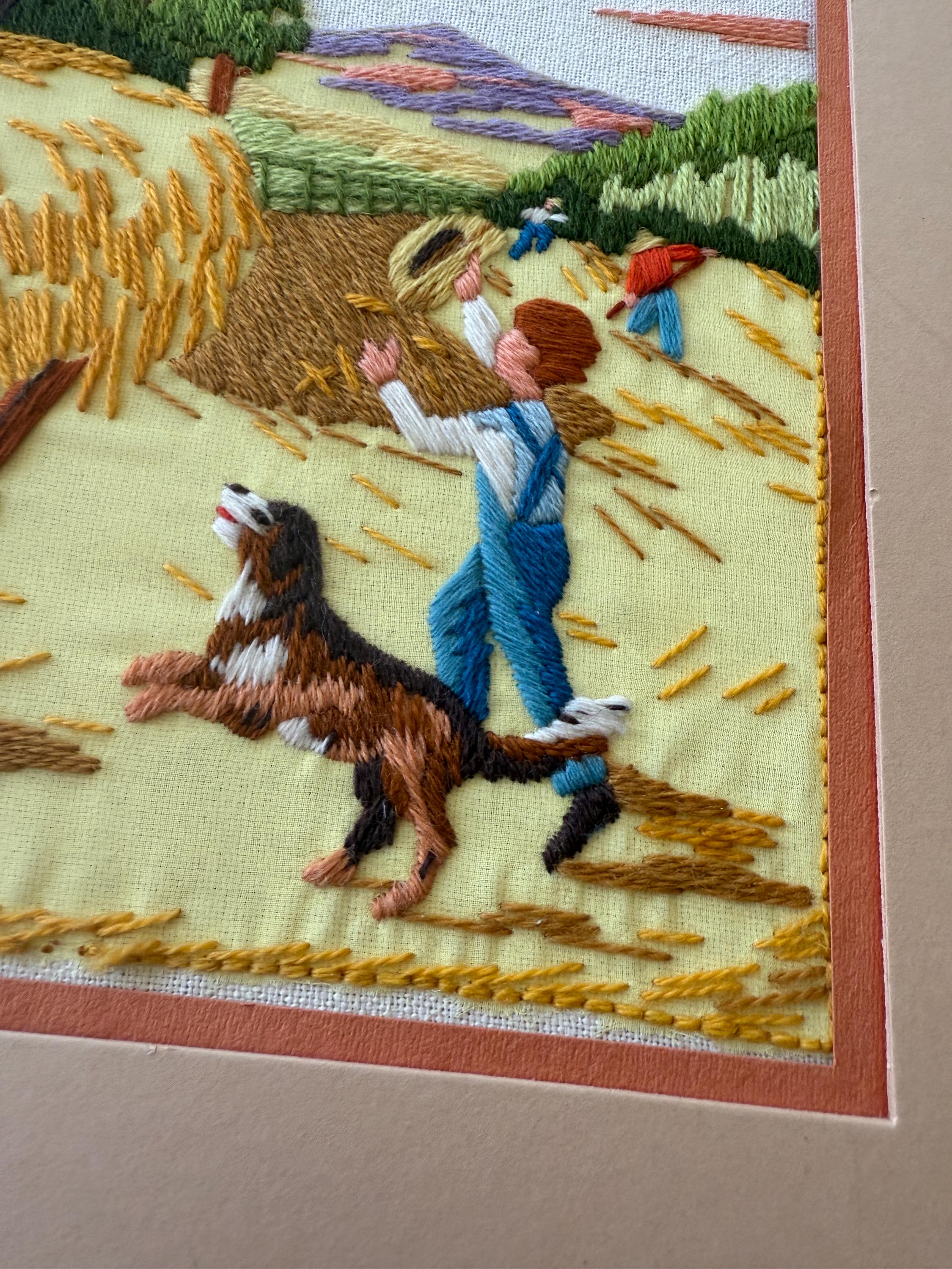 Vintage Framed Crewel Embroidery Art – Handmade Needlework – Harvest