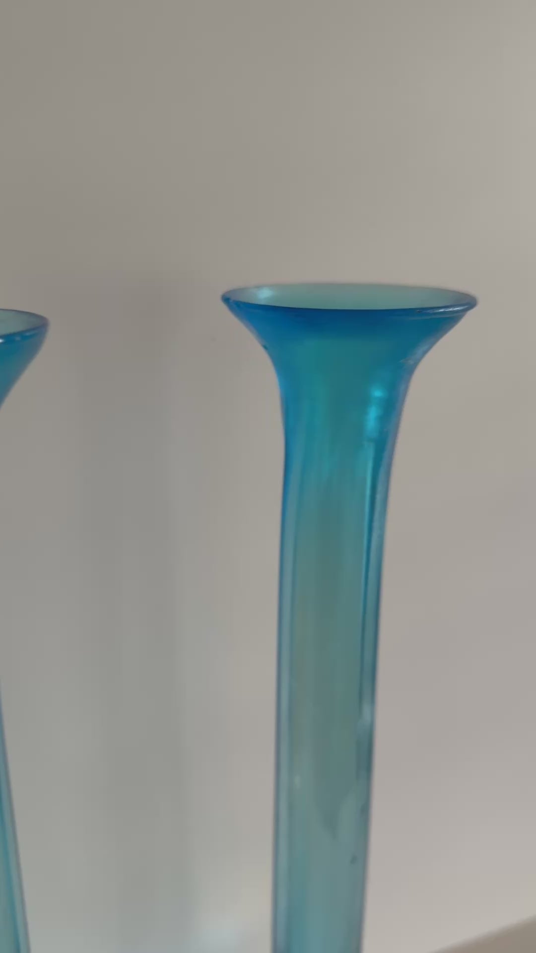 Antique Dugan Diamond Celeste Iridescent Blue Stretch Glass Bud Vases – Pair, 12 Inch